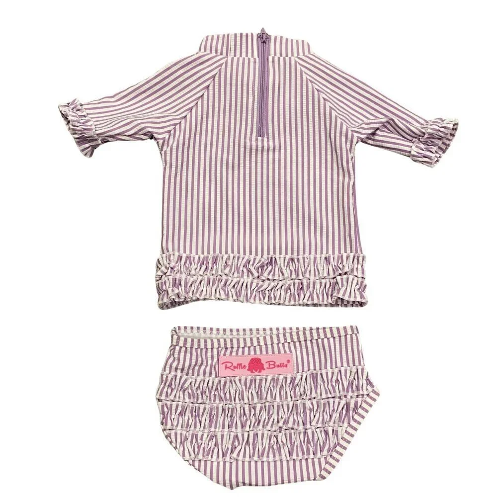 Ruffle Butts 3 piece Purple & White Seersucker Swimsuit & Hat - New! - Picture 3 of 6